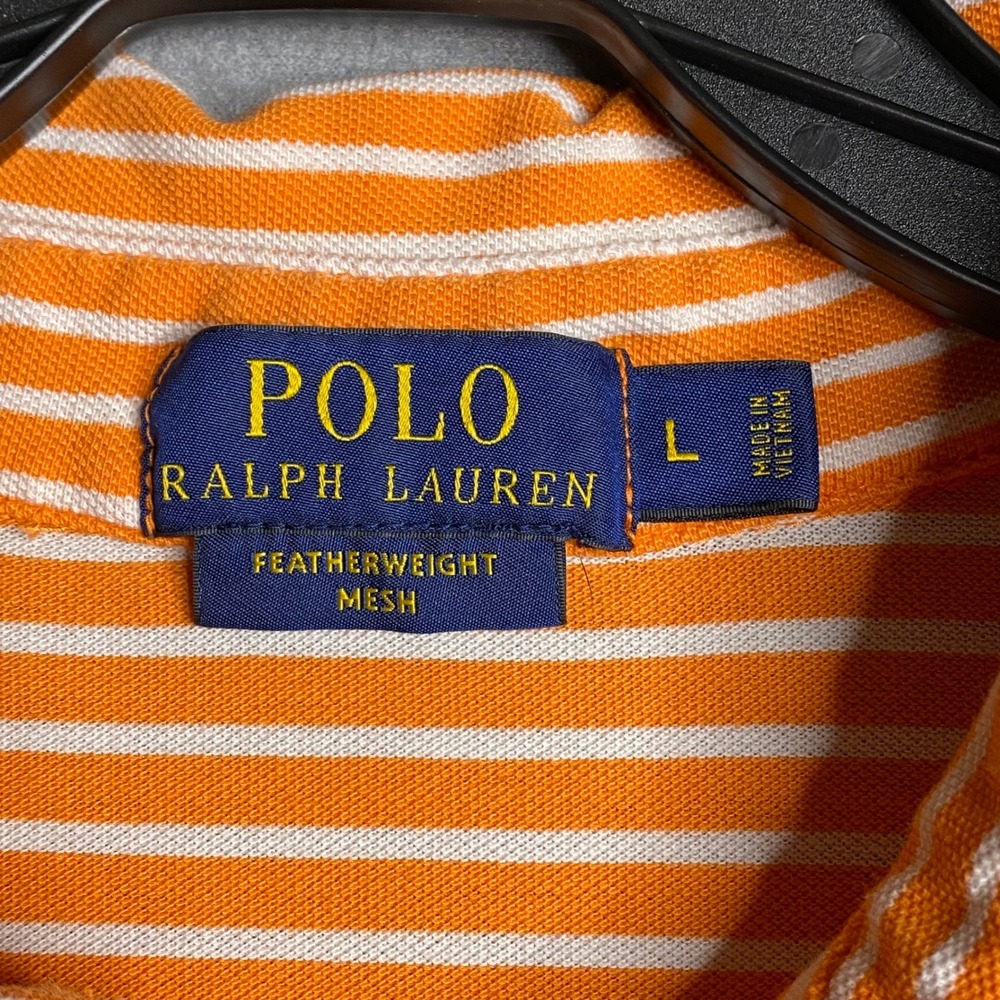 Polo Ralph Lauren Mens Orange White Striped Featherweight Mesh Polo Shirt Size L - Picture 5 of 10